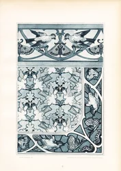 Ornamenti di uccelli e motivi di farfalle in tonalità blu (litografia)