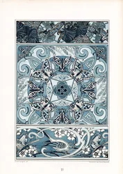 Motivi ornamentali bianchi e blu con farfalle e uccelli (litografia)