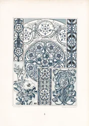 Motivi di rose selvatiche blu e bianche e strutture ornamentali (litografia)