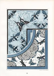 Farfalle e falene in un motivo floreale bianco-blu (litografia)