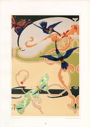 Motivo decorativo Art Nouveau con colibrì e farfalle (litografia)