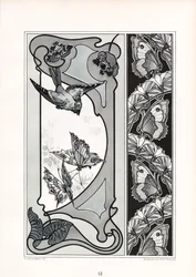 Pannelli decorativi e bordi con motivi di uccelli e farfalle (litografia)