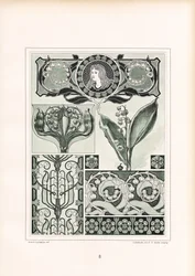 Ornamento a forma di mughetto con medaglione con ritratto femminile (litografia)