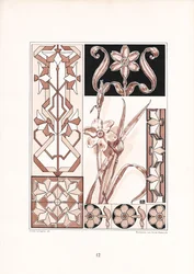 Motivi di narciso e ornamenti geometrici nei toni del rosa (litografia)
