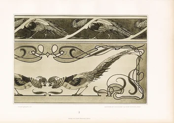 Bordi ornamentali con fagiani stilizzati e ornamenti lineari (litografia)