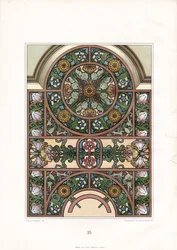 Arco ornamentale per finestra con girasoli e tulipani (litografia)