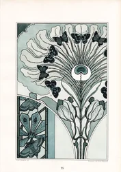 Ornamento di piuma di pavone con farfalle e tulipani