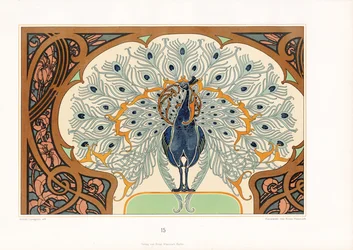 Pavone in cornice ornamentale con decorazione Art Nouveau (litografia)