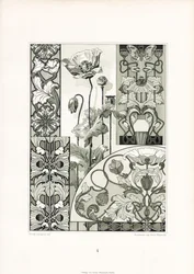 Ornamenti con fiori di papavero in monocromia (litografia)