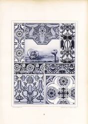Motivi di papaveri e ornamenti geometrici in tonalità blu (litografia)