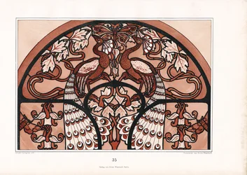 Ornamento semicircolare con coppia di pavoni e farfalla (litografia)