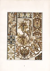 Ornamenti di foglie stilizzate in tonalità seppia (litografia)