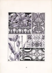 Motivi di gigli stilizzati in varie forme ornamentali (litografia)