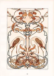Ornamento simmetrico in stile Art Nouveau con libellule, aironi e creature mitiche (litografia)