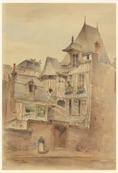Disegno, Scena di strada con case medievali, 1885 ca.