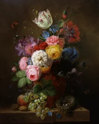 Natura morta di rose, papaveri, azalee e tulipani. Dipinto di Arnoldus Bloemers (1786-1844). Collezione privata.