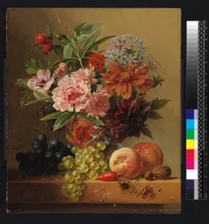 Vaso di fiori e frutta