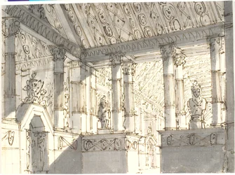 Interno (da tempio?) con colonne e statue