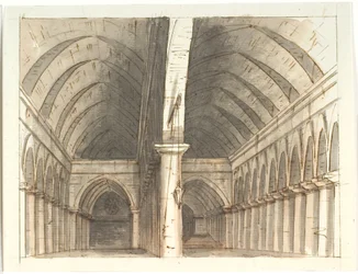 Interno del piano terra di una chiesa (?) con colonne e volte