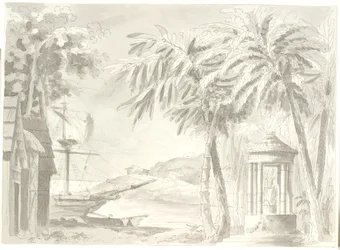 Paesaggio costiero tropicale con palme, nave e piccolo tempio (Buddha?)