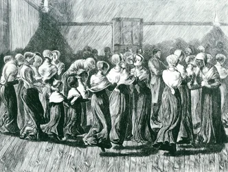 Shakers a un Incontro: la Danza Religiosa, illustrazione da The Graphic, pubblicato il 14 maggio 1870