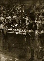 Strafford consegna la sua spada alla Camera dei Comuni, illustrazione tratta da «Story of the British Nation» di Hutchinson, 1920 circa