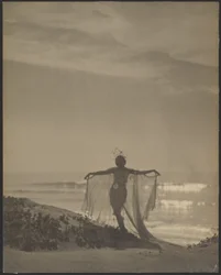 [Vista posteriore di una ballerina che indossa un costume trasparente in spiaggia].