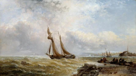 Nave costiera che lascia il porto, tempo burrascoso