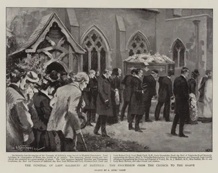 Il funerale di Lady Salisbury a Hatfield, la processione dalla chiesa alla tomba (litografia)