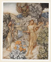 ATTO IV: Scena I, linea 132
Venite, ninfe temperate, e aiutate a celebrare
Un contratto di vero amore.
Prospero istruisce Ariel a lasciare abiti sgargianti su un albero per tentare gli uomini