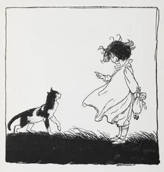 Una ragazza con una bambola che sgrida il suo gatto