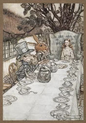 Alice al tè del Cappellaio Matto con la Lepre Marzolina, il Ghiro e il Cappellaio Matto