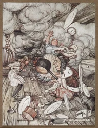 Alice in una cucina con la Duchessa, un cuoco e il Gatto del Cheshire
