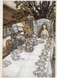Alice prende il tè con il Cappellaio Matto e la Lepre Marzolina - in "Le avventure di Alice nel Paese delle Meraviglie", Lewis Carroll, ill. di Arthur Rackham