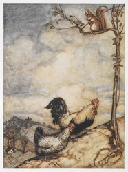 Illustrazione di una gallina, un gallo e uno scoiattolo da The Adventures of Chanticleer and Partlet.