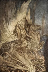 Brunilde su Grane salta sulla pira funeraria di Sigfrido, illustrazione da 
