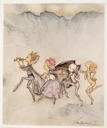 Ognuno, saltellando sulla punta dei piedi, sarà qui con scopa e smorfia, illustrazione da La Tempesta di William Shakespeare, pub. 1926