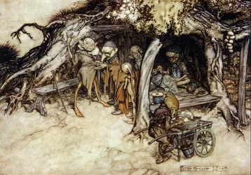 Gli elfi fanno una giacca. Illustrazione di Arthur Rackham per Il Sogno di una Notte di Mezza Estate di William Shakespeare