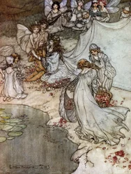 Elfi che fanno collane di rose. Illustrazione di Arthur Rackham per Il Sogno di una Notte di Mezza Estate di William Shakespeare