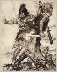 Fasolt afferra improvvisamente Freia e la trascina da un lato con Fafner, illustrazione da 