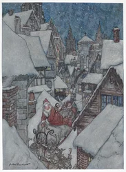 Babbo Natale che viaggia per le strade innevate sulla sua slitta