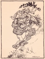 Gemendo continuamente, salì la montagna. Illustrazione di Arthur Rackham da Fiaba dei Grimm, La ragazza dell