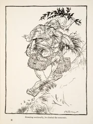 Gemendo continuamente, salì la montagna, da Fratellino e Sorellina e altre fiabe dei Fratelli Grimm, pub.1917 (litografia)