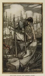 Gulliver cattura la flotta nemica, illustrazione da I viaggi di Gulliver di Jonathan Swift, di Arthur Rackham