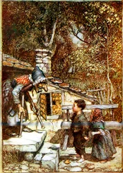 Hansel e Gretel e la strega sulla soglia della sua casetta