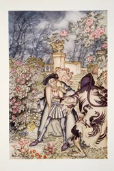 Sentì un forte rumore e vide venire verso di lui una bestia così spaventosa da farlo svenire dalla paura, da The Arthur Rackham Fairy Book, pub. 1933