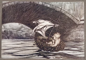 Passò sotto il ponte e arrivò in piena vista dei deliziosi Giardini, da Peter Pan nei Giardini di Kensington di J M Barrie (1860 - 1937), pub. 1906