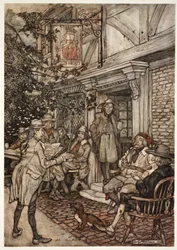 Si consolava frequentando una sorta di club perpetuo di saggi, filosofi e altre persone oziose, che teneva le sue sessioni davanti a una piccola locanda., da Rip Van Winkle di Washington Irving