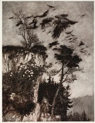 Gli rispose solo uno stormo di corvi oziosi, da Rip Van Winkle di Washington Irving, pub. 1910