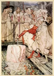 Come Galahad estrasse la spada dalla pietra galleggiante a Camelot, illustrazione da 